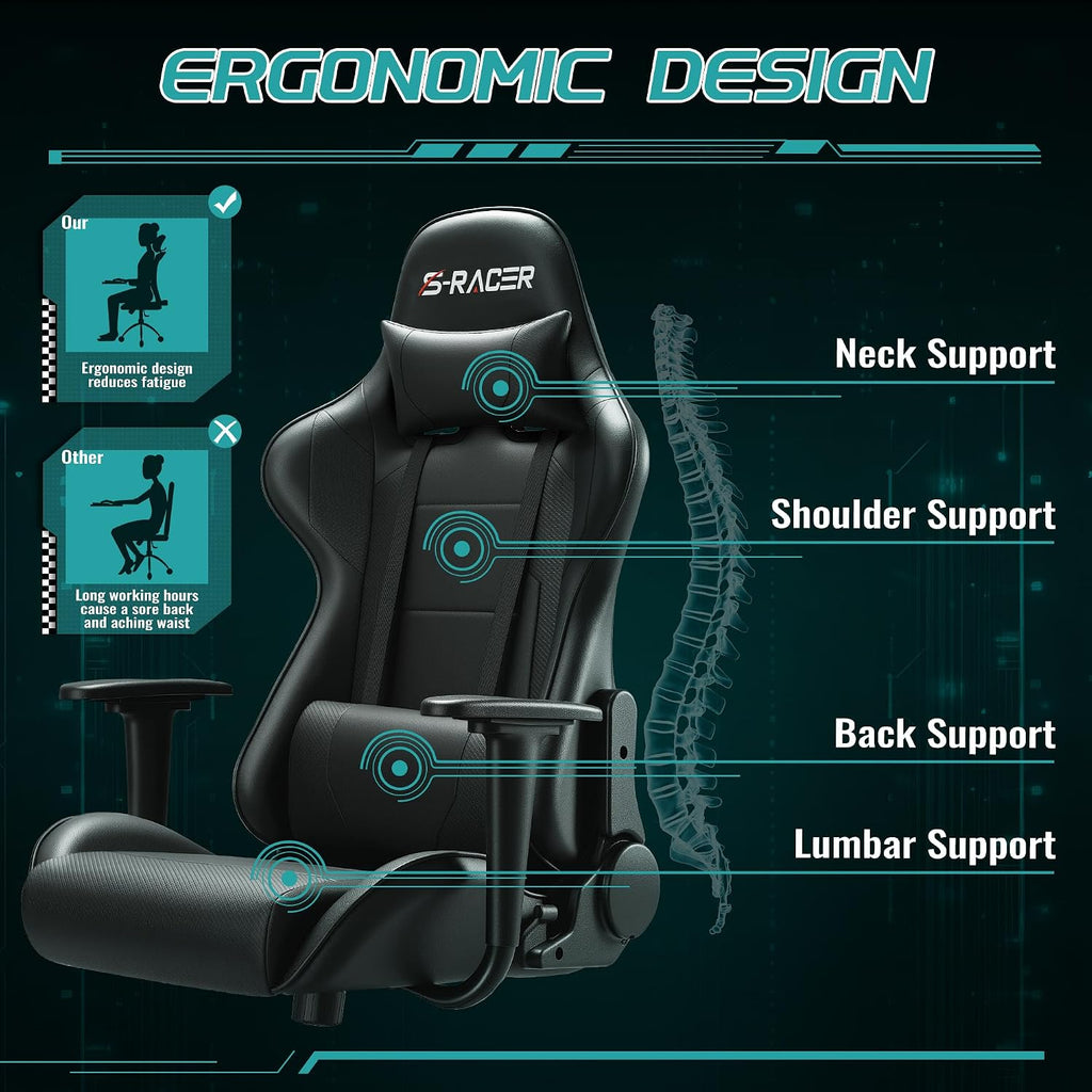 Furniwell Gaming Chair Racing Computer Chair Office Desk Chair Adjustable Swivel High Back Carbon Fiber Style Leather Executive Ergonomic Chair with Headrest and Lumbar Support (Black)