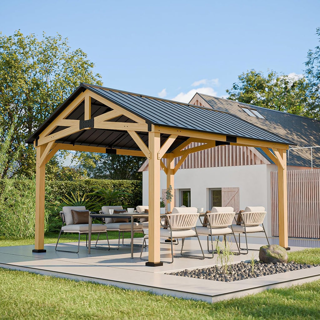 COOS BAY 11x13 Hardtop Gazebo with Cedar Wood Frame, Post-and-Beam Gazebo Shelter, Galvanized Steel Gable Roof with UV Protection for Garden, Patio, Poolside, Backyard, Natural Wood/Black