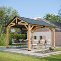 COOS BAY 11x13 Hardtop Gazebo with Cedar Wood Frame, Post-and-Beam Gazebo Shelter, Galvanized Steel Gable Roof with UV Protection for Garden, Patio, Poolside, Backyard, Natural Wood/Black