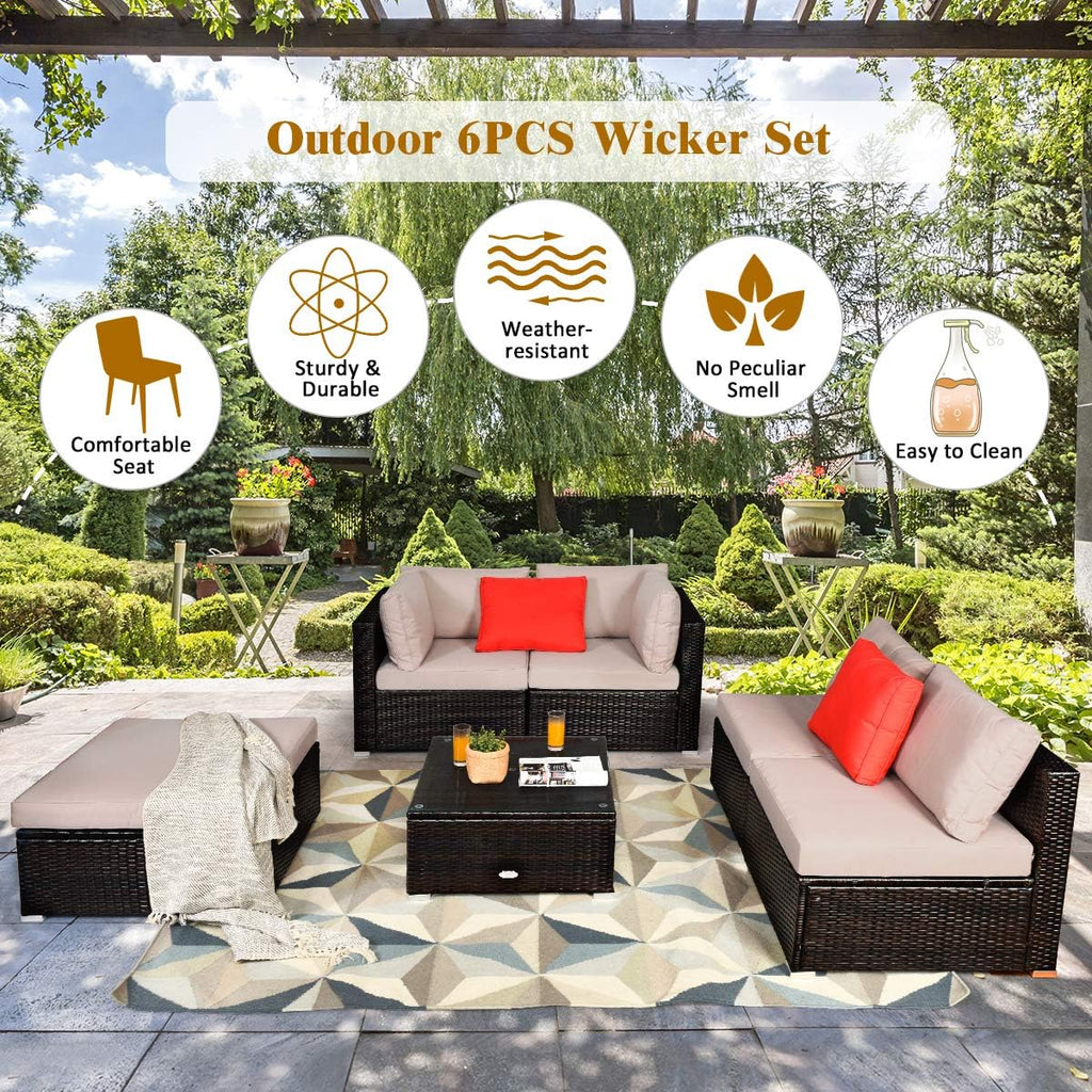 Tangkula 6 Piece Patio Furniture Set, Outdoor Deck Lawn Backyard Durable Steel Frame PE Rattan Wicker Sectional Sofa Set, Conversation Set with Coffee Table (Beige)