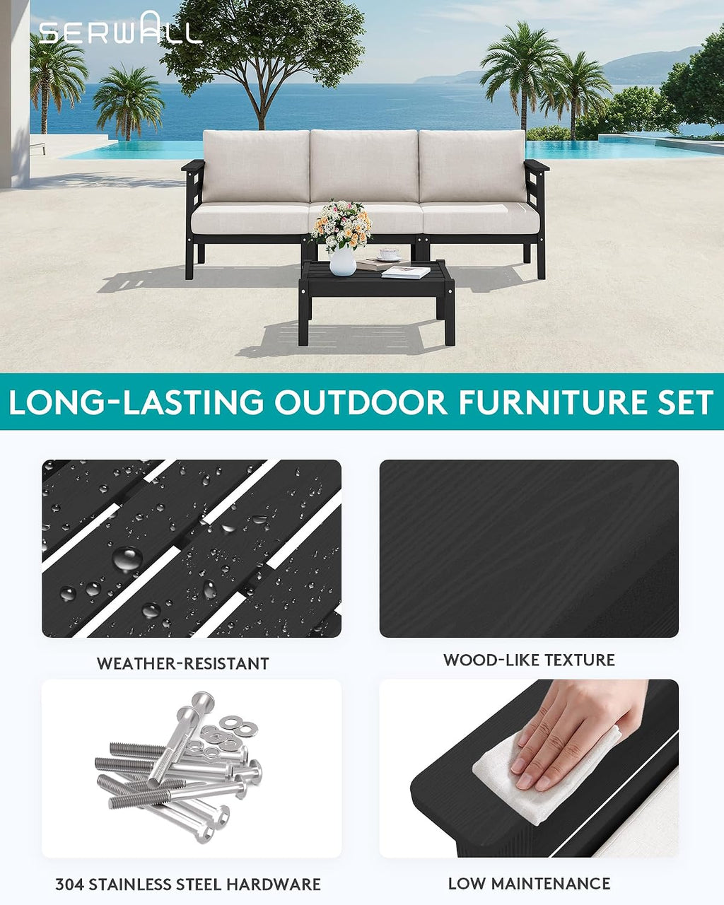 SERWALL HDPE Patio Furniture Set, 2 Pieces Outdoor Sectional Sofa Set, All-Weather Wood-Like Outdoor Loveseat for Deck, Lawn, Black Frame with Khaki Cushion