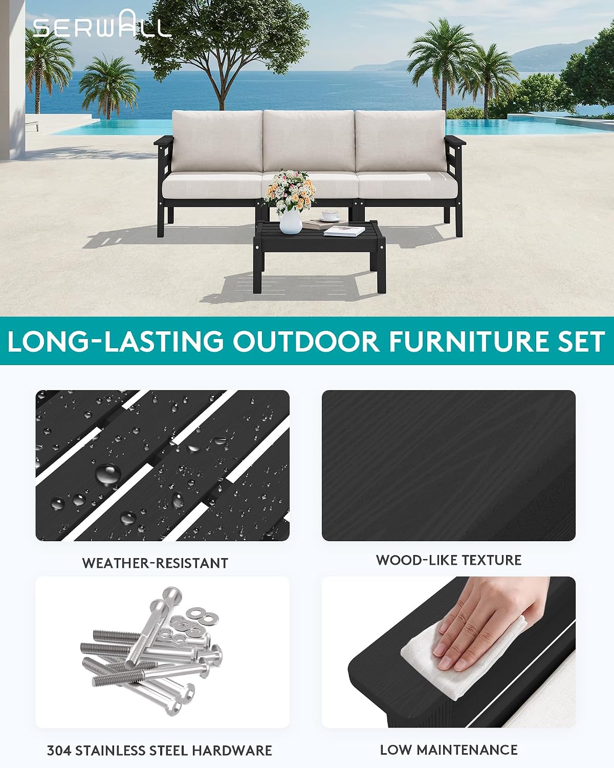 SERWALL HDPE Patio Furniture Set, 2 Pieces Outdoor Sectional Sofa Set, All-Weather Wood-Like Outdoor Loveseat for Deck, Lawn, Black Frame with Khaki Cushion