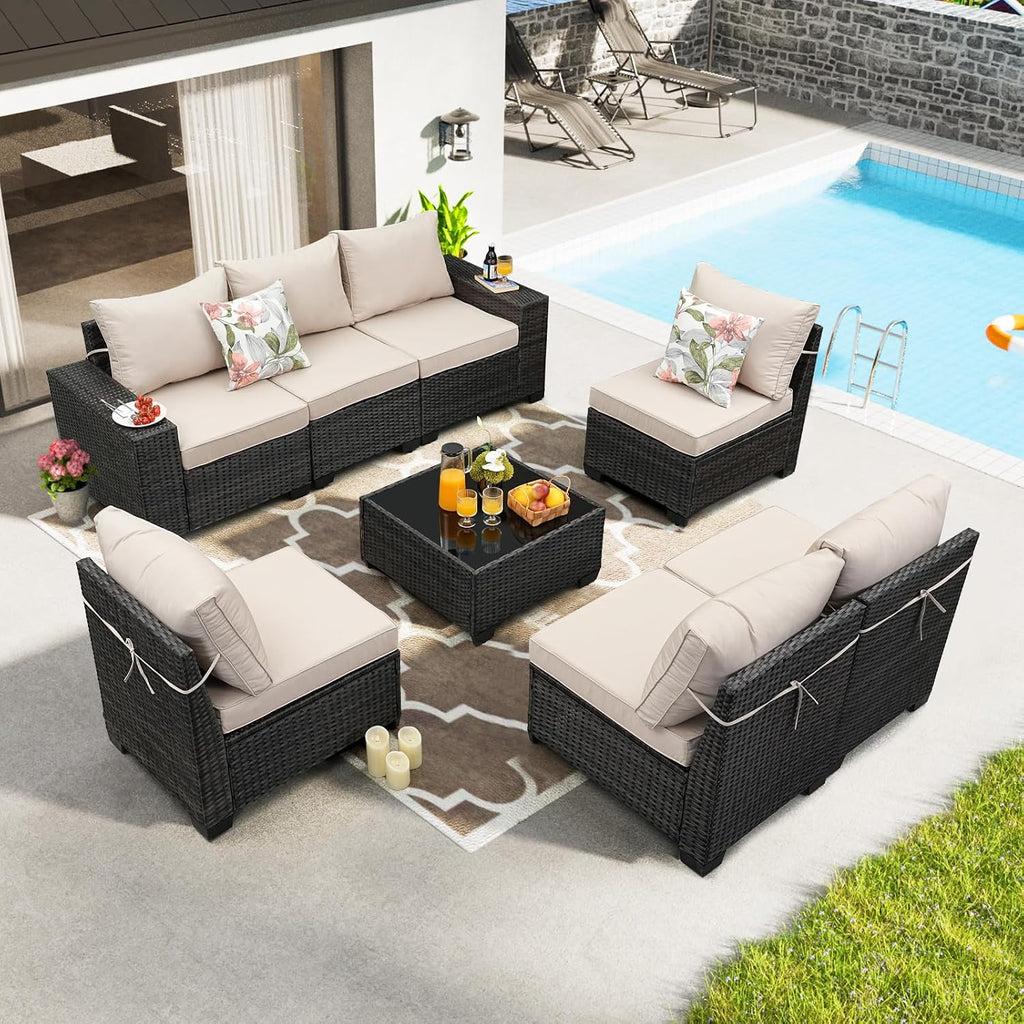 JOYURE 8 Pieces Patio Furniture Set All-Weather Outdoor Wicker Sectional Conversation Sofa Rattan Patio Seating Sofa with Cushion and Glass Table for Porch Poolside,Beige