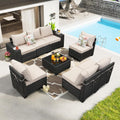 JOYURE 8 Pieces Patio Furniture Set All-Weather Outdoor Wicker Sectional Conversation Sofa Rattan Patio Seating Sofa with Cushion and Glass Table for Porch Poolside,Beige