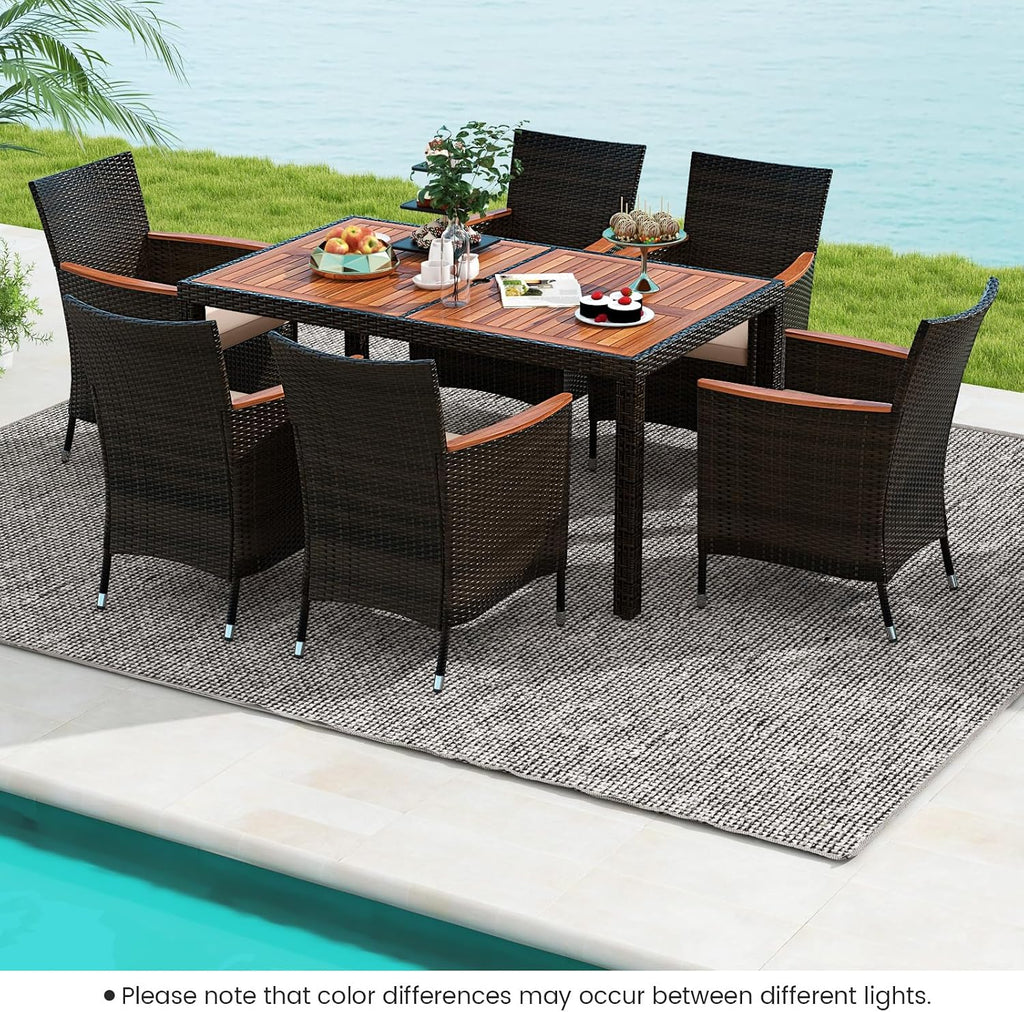 COSTWAY 7-Piece Patio Dining Set for 6, Outdoor Rattan Wicker Table and Chairs Furniture Set with Umbrella Hole, Acacia Wood Tabletop for Backyard, Balcony, Poolside, Brown & Beige
