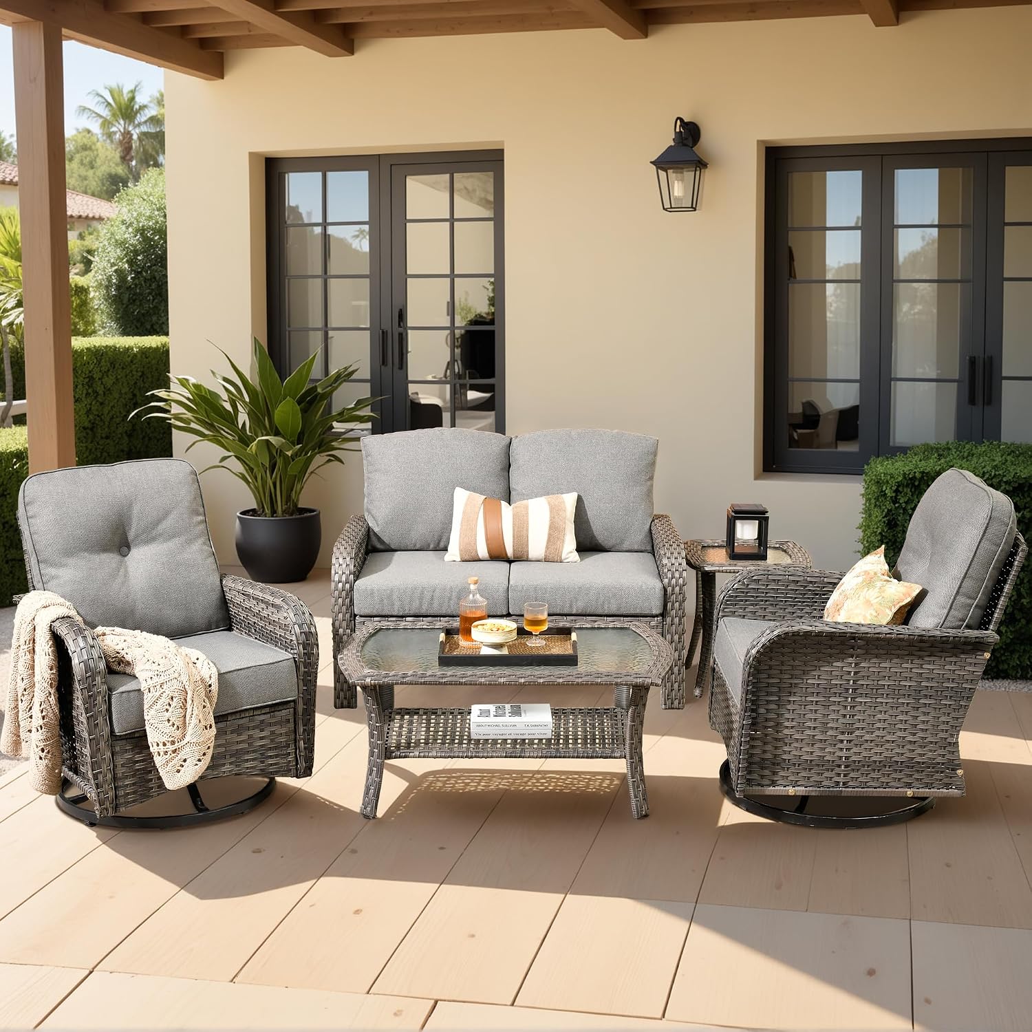 Weaxty Wicker Patio Furniture Set with Swivel Rocker Chairs Outdoor Loveseat Sofa and Rattan Coffee Table, 5 Pieces Outdoor Conversation Sets for Patio Porch Deck Backyard Poolside, Dark Gray