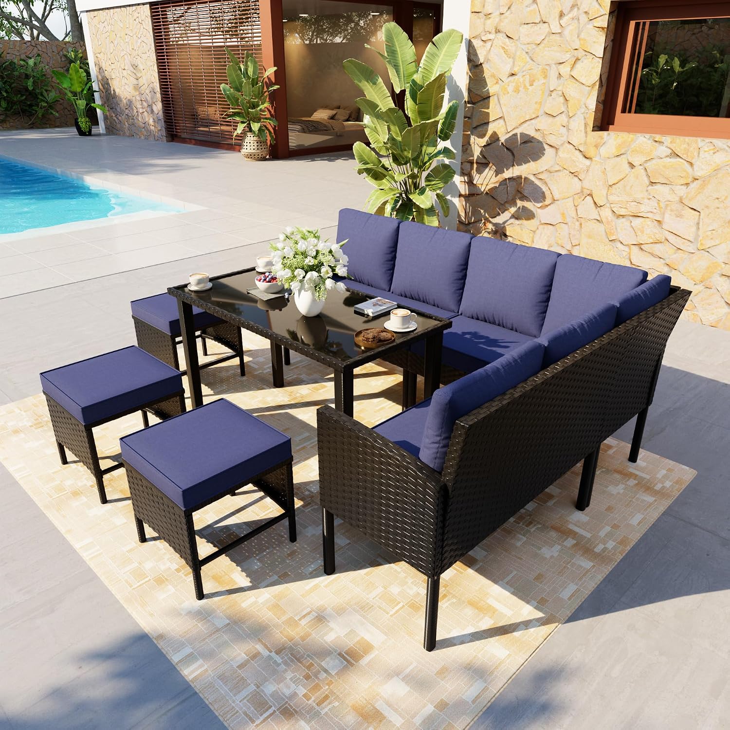 7-Piece Patio Furniture Set, Outdoor Couch with Dining Table & Ottomans, PE Rattan Sofa Set with Cushions for Deck, Yard, Poolside (Blue)