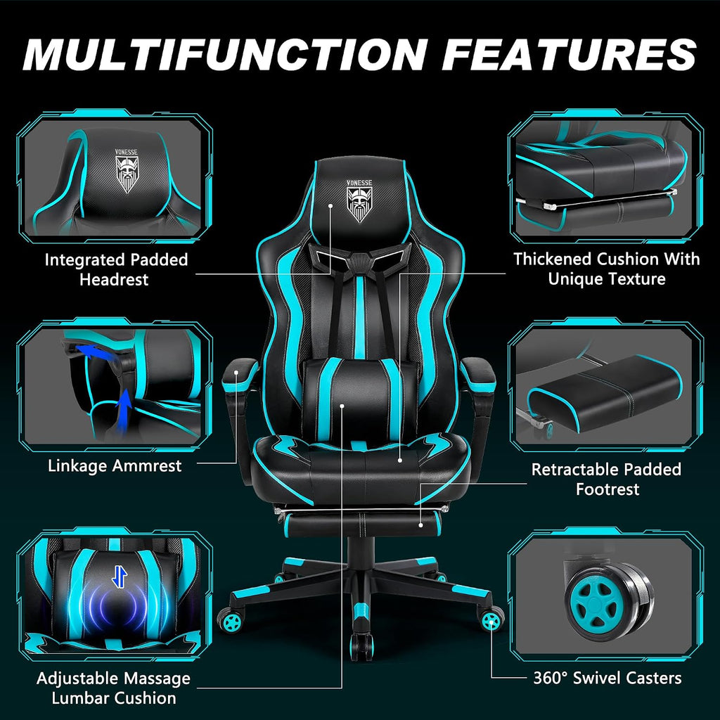 Vonesse Gaming Chairs for Adults, Gaming Chairs with Footrest and Massage, Reclining Computer Chair for Heavy People,Big and Tall Ergonomic Gamer Chair with Lumbar Pillow(Teal/Cyan)