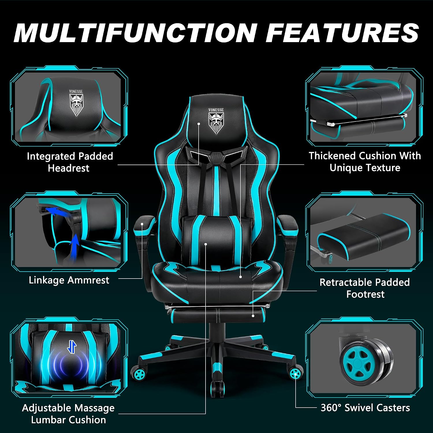 Vonesse Gaming Chairs for Adults, Gaming Chairs with Footrest and Massage, Reclining Computer Chair for Heavy People,Big and Tall Ergonomic Gamer Chair with Lumbar Pillow(Teal/Cyan)