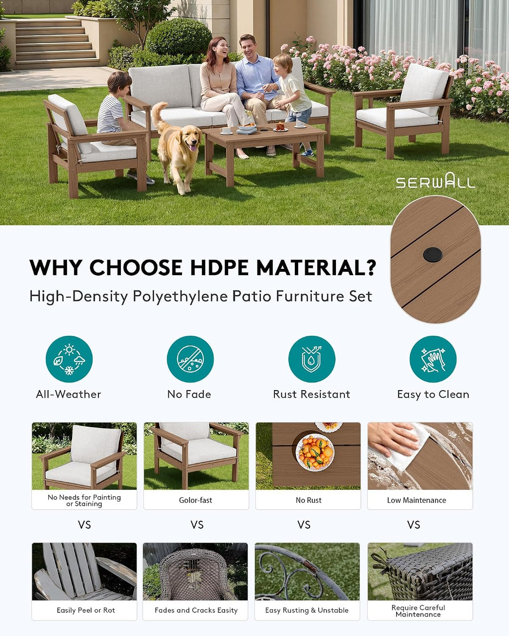 SERWALL HDPE Patio Conversation Set, 6-piece Sectional Outdoor Furniture Set, All Weather Outdoor Couch Set Patio Furniture Set for Deck, Lawn, Grey Frame with Khaki Cushion