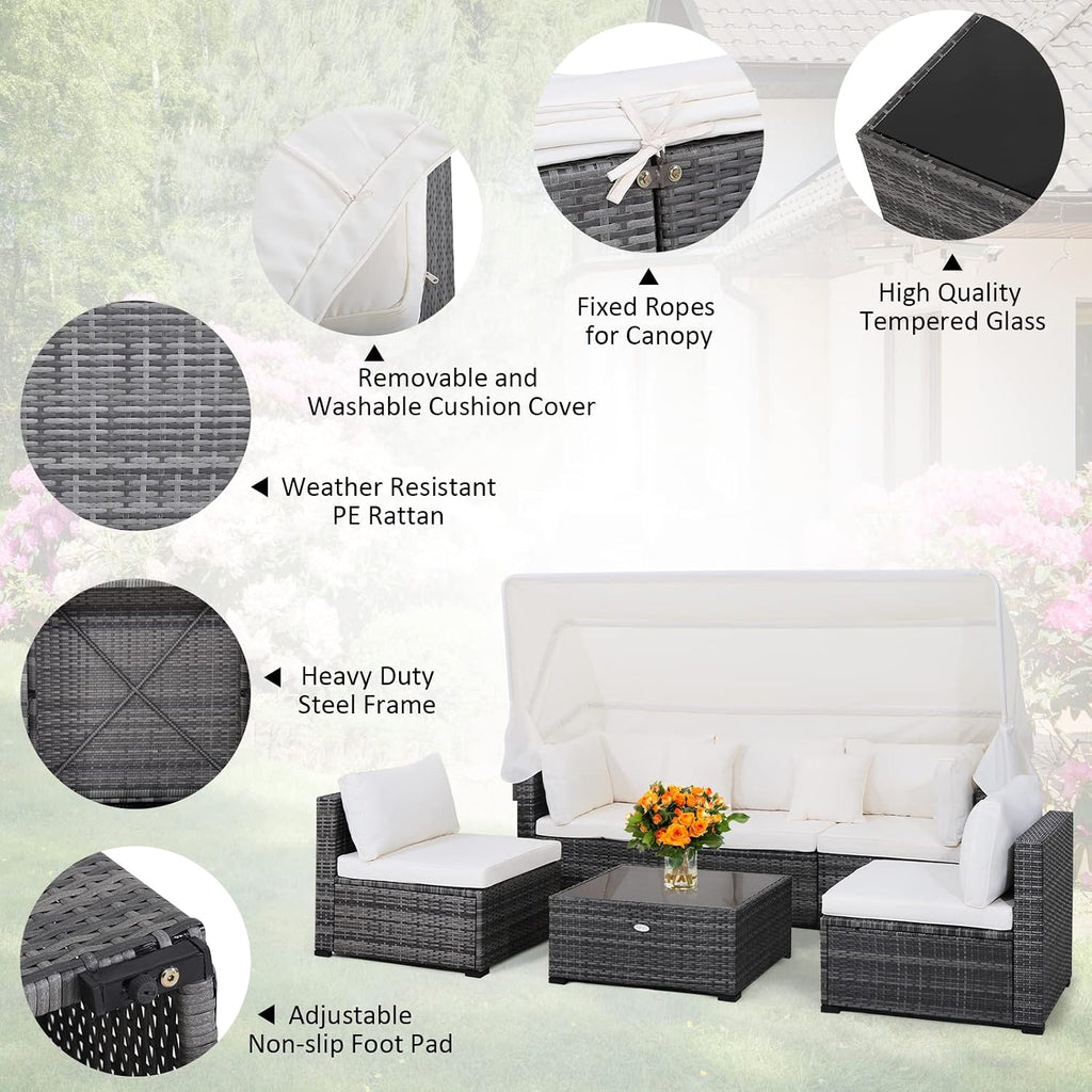 Tangkula 6-Piece Patio Furniture Set w/Retractable Canopy, Outdoor Conversation Set w/3-Seat Daybed Sofa, Soft Cushions and Tempered Glass Coffee Table, All-Weather PE Rattan Sectional Sofa Set