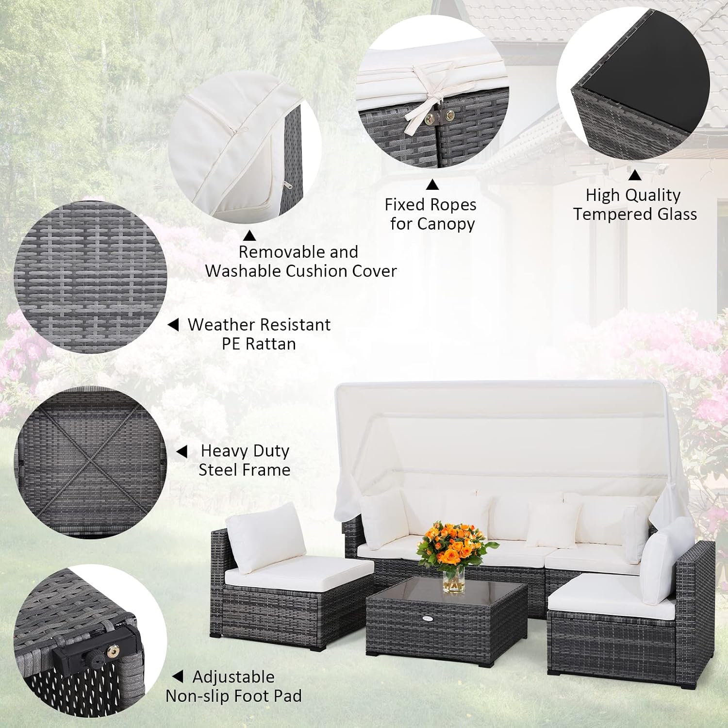 Tangkula 6-Piece Patio Furniture Set w/Retractable Canopy, Outdoor Conversation Set w/3-Seat Daybed Sofa, Soft Cushions and Tempered Glass Coffee Table, All-Weather PE Rattan Sectional Sofa Set