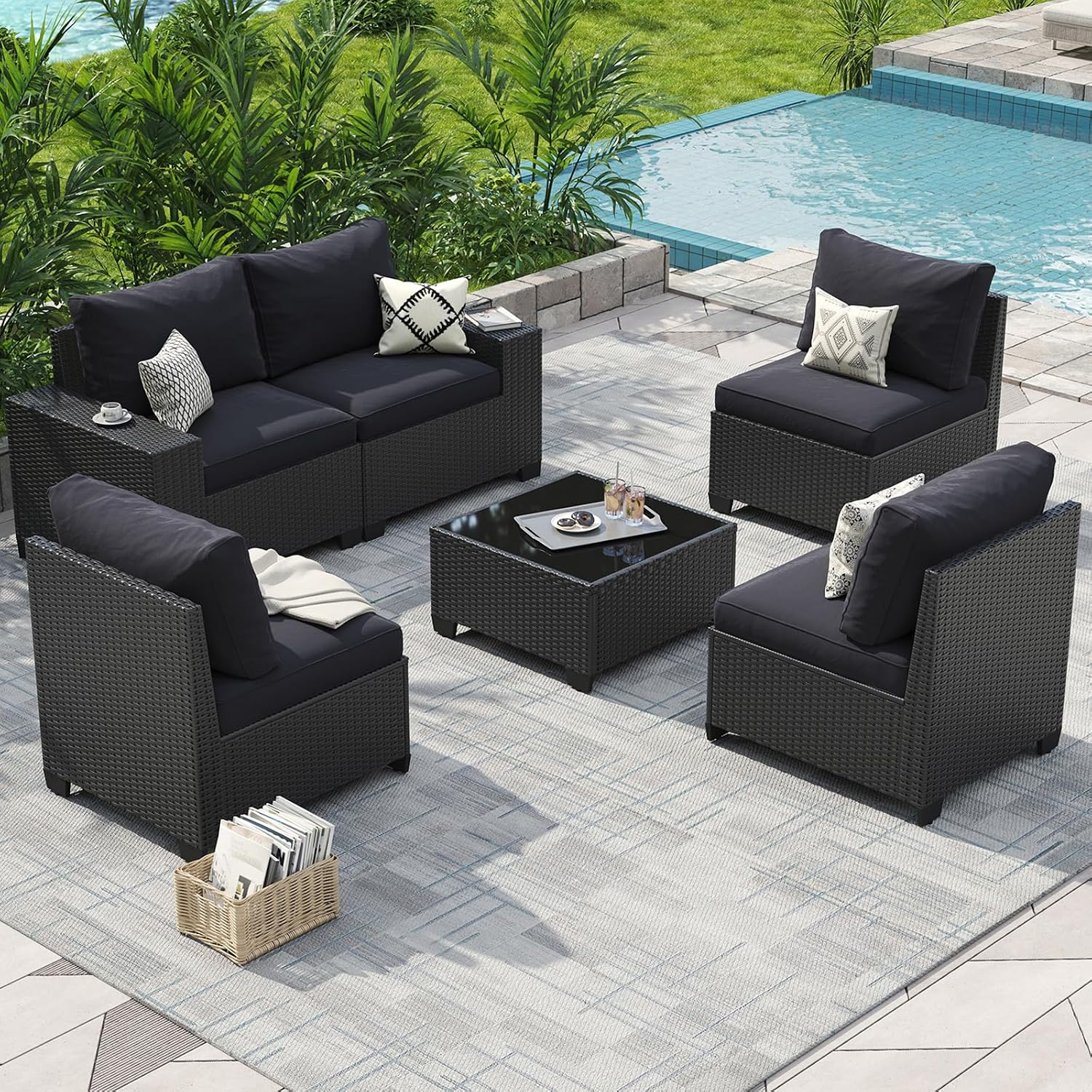 Aoxun Patio Furniture Set, 6 Pcs Outdoor Patio Furniture Sets with 4in Thicken Cushion, Widen Armrests Wicker Outdoor Sectional for Backyard & Garden, Black
