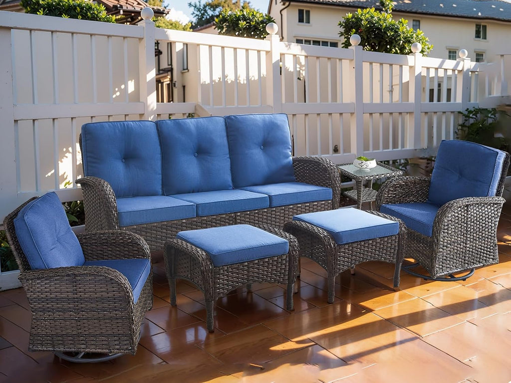 HUMMUH 6-Piece Patio Furniture PE Wicker Outdoor Conversation Set,All-Weather Rattan Swivel Rocker Chairs Outdoor Couch Ottomans for Backyard,Poolside,Deck