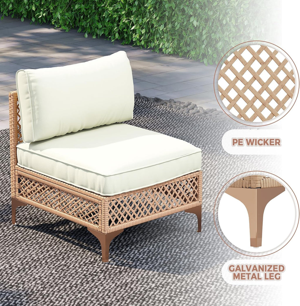 Outdoor Patio Furniture Set, Wicker Outdoor Sectional Set, Boho Patio Conversation Sectional Sofa with Large Tempered Glass Coffee Table and Waterproof Cushion (Large Size 7-Piece Patio Furniture)