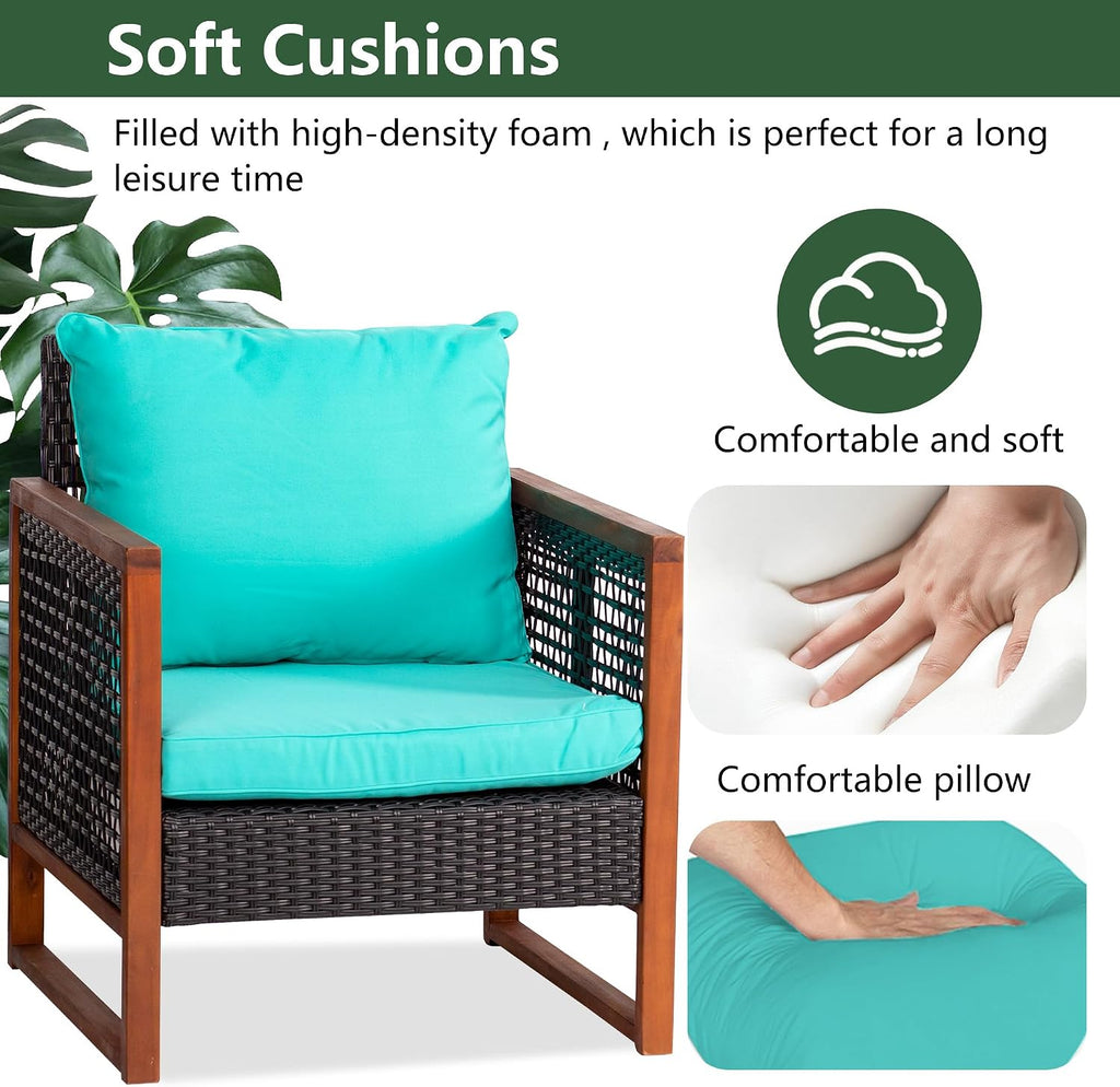 PayLessHere 3 Pieces Patio Set Wicker Patio Furniture Acacia Wood Outdoor Patio Furniture Set Rattan Chair Conversation Sets Bistro Set with Coffee Table and Water Resistant Cushions(Blue)