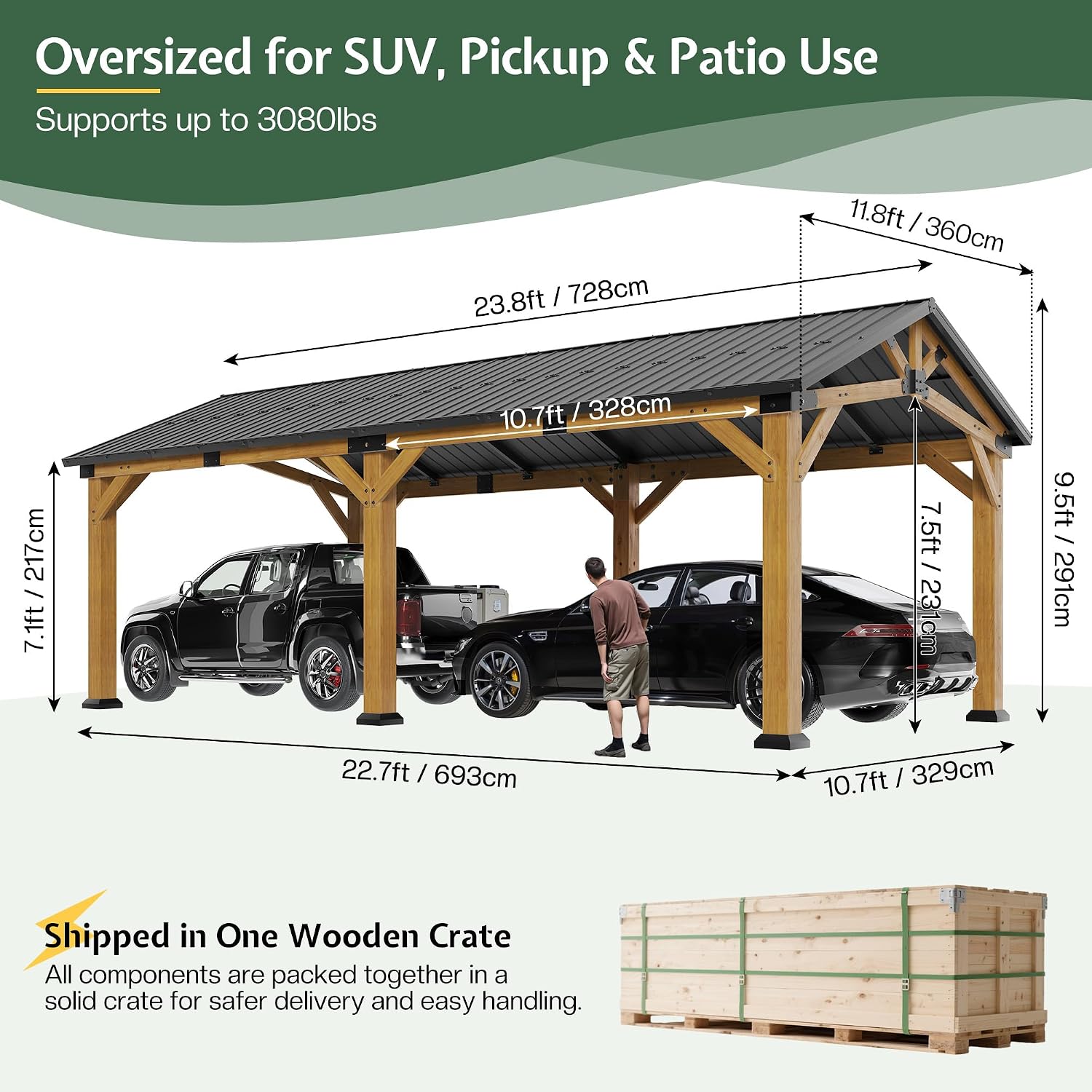 Jocisland 12x24x9.5 FT Cedar Wood Hardtop Carport with Galvanized Steel Roof, Waterproof Outdoor Gazebo Pavilion, Heavy-Duty Snow & Wind Resistant Canopy for Patio, Driveway, Garden