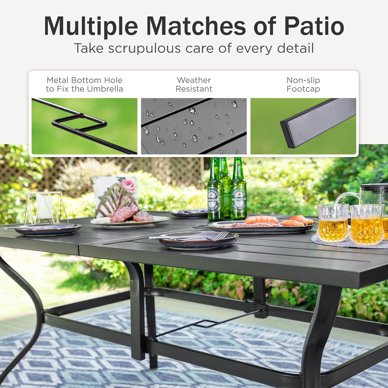 PHI VILLA 7 Piece Patio Dining Set with Outdoor Table and Chairs, Outdoor Dining Set with 6 Patio Folding Sling Chair with Armrest & 1 Rectangle Patio Dining Table with 1.57' Umbrella Hole (Grey)