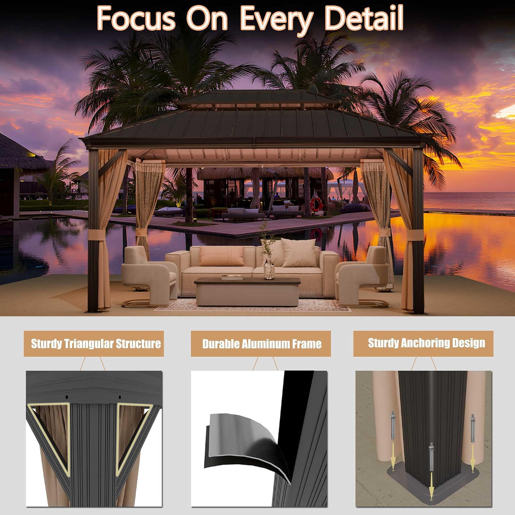 10'x14' Hardtop Gazebo, Outdoor Aluminum Patio Gazebo Double Roof Galvanized Steel Canopy with Netting and Curtains,for Garden, Patio, Backyard, Deck and Lawns.