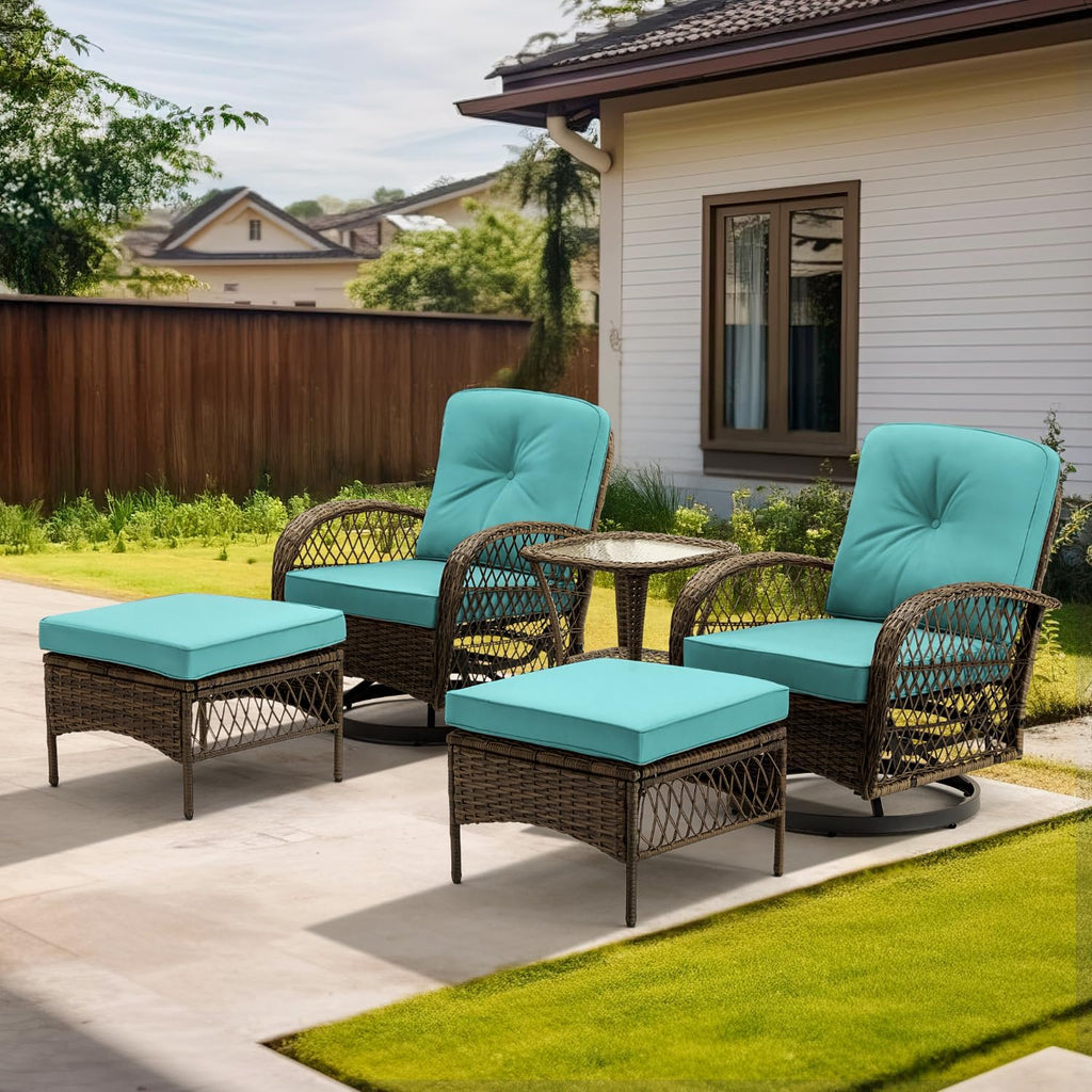 EROMMY 5 Pieces Outdoor Swivel Rocker Patio Chairs, 360 Degree Rocking Patio Conversation Set with Thickened Cushions, Glass Coffee Table and Ottomans for Backyard, Blue