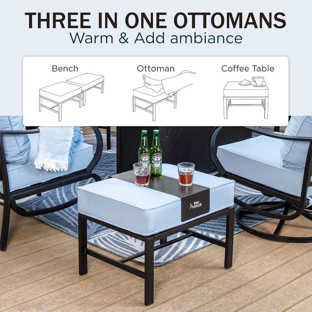 PHI VILLA 5 PCS Patio Furniture Set,Metal Deluxe Patio Set with 1 x 3 Seater Deep Seating Bench, 2 x Swivel Sofa Chairs & 2 x Metal Cushioned Ottoman, Outdoor Patio Set for Garden, Light Blue