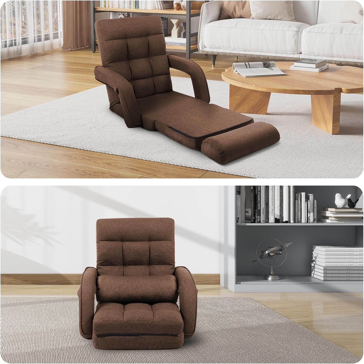Indoor Floor Chair with Armrest and Pillow Folding Chaise Lounge Sofa 14-Position Adjustable Comfy Gaming Recliner Chair Padded Seats for Adults (Brown)