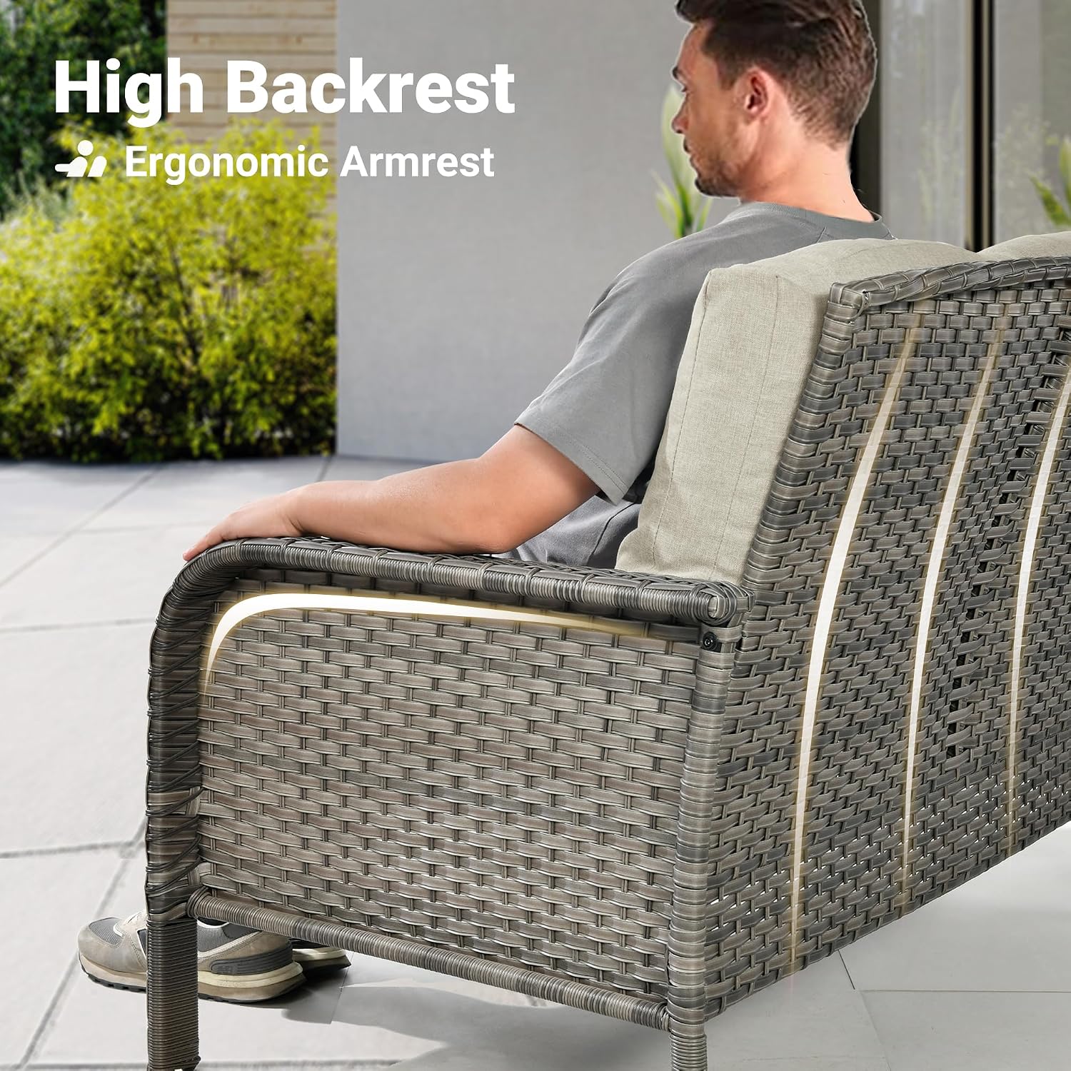ovios 5-Piece Patio Furniture Set, Outdoor Wicker Sofa with Chairs Fire Pit Table, High Back Rattan Chair with Comfy Cushions for Porch Yard Deck, Beige