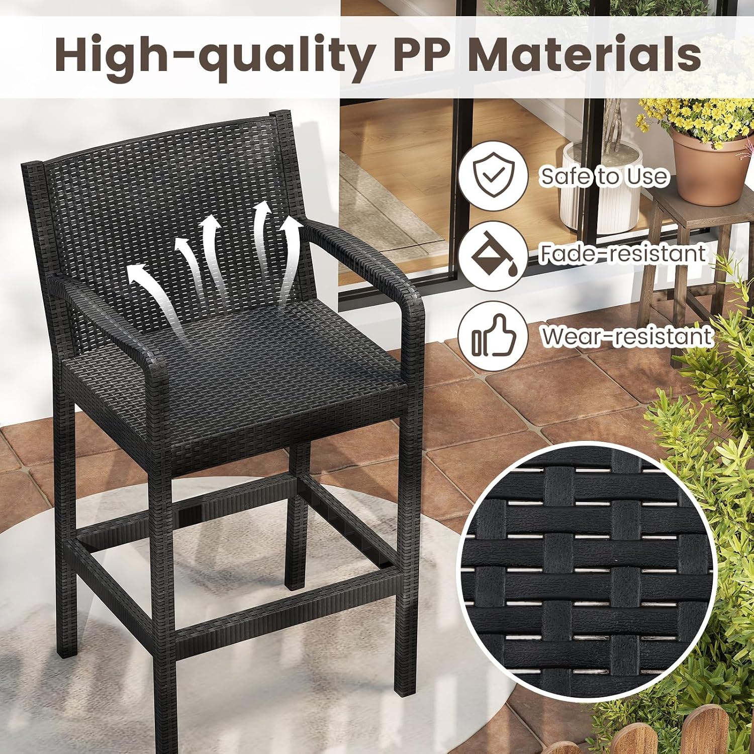 COSTWAY 3 Pieces Patio Bar Set, Modern Outdoor Bistro Set with 2 Chairs and 1 Square Bar Table, Curved Backrest and Armrests, Metal Frame, for Garden, Balcony, Poolside, Black