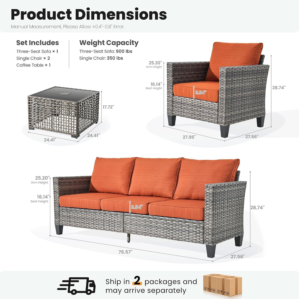 ovios 4 Pieces Patio Furniture Set Outdoor Sofa Couch with Solar Lights Table Comfy Cushions, Modern Deep Seat Wicker Rattan Conversation Set for Porch Deck, Orange Red