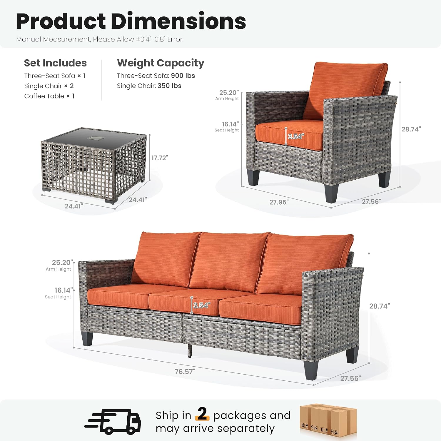 ovios 4 Pieces Patio Furniture Set Outdoor Sofa Couch with Solar Lights Table Comfy Cushions, Modern Deep Seat Wicker Rattan Conversation Set for Porch Deck, Orange Red