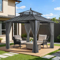 SUNJOY Kingston 10' x 10' Hardtop Gazebo with Galvanized Steel/Polycarbonate Double Roof, Curtain and Netting, Gray Aluminum Posts Permanent Pavilion Gazebo for Garden, Patio, Deck, Lawn