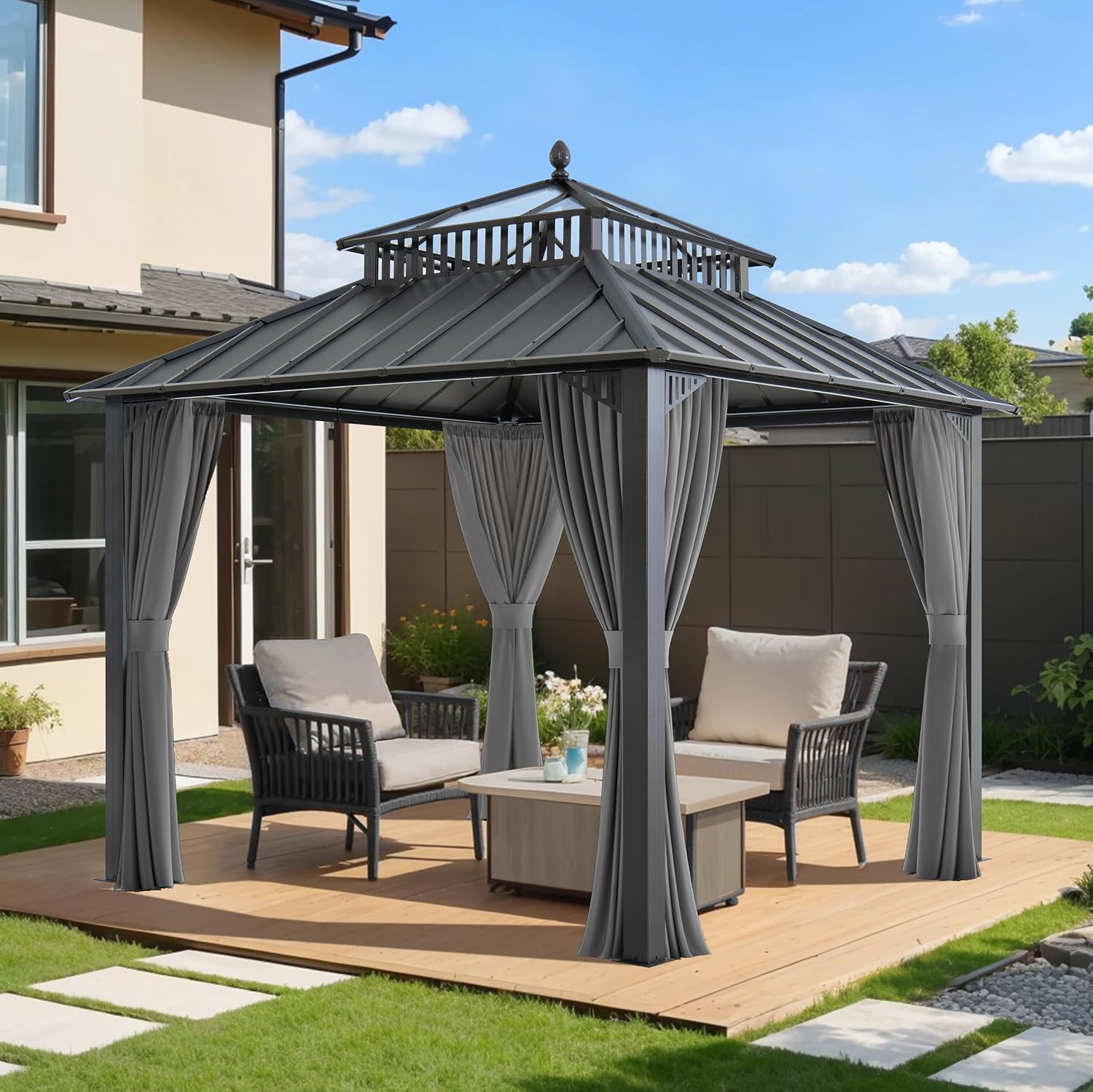 SUNJOY Kingston 10' x 10' Hardtop Gazebo with Galvanized Steel/Polycarbonate Double Roof, Curtain and Netting, Gray Aluminum Posts Permanent Pavilion Gazebo for Garden, Patio, Deck, Lawn