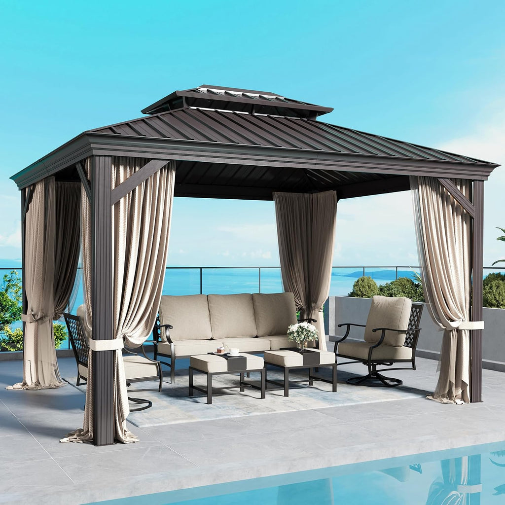 SUNSHINE VALLEY 10'x12' Hardtop Gazebo, Permanent Aluminum Outdoor Gazebo with Galvanized Steel Double Roof & Gutter System, Heavy Duty Patio Pavilion Canopy with Netting and Curtains for Deck, Garden