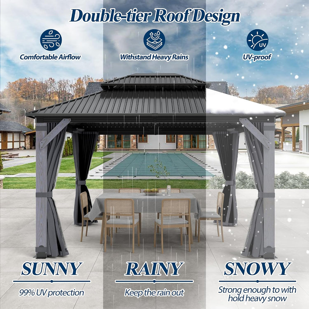 COVERONICS 10'x12' Outdoor Wood Gazebo - Hardtop Wooden Gazebo with Galvanized Steel Roof, Heavy-Duty Pavilion with Netting & Curtains for Garden, Poolside, Deck, Backyard