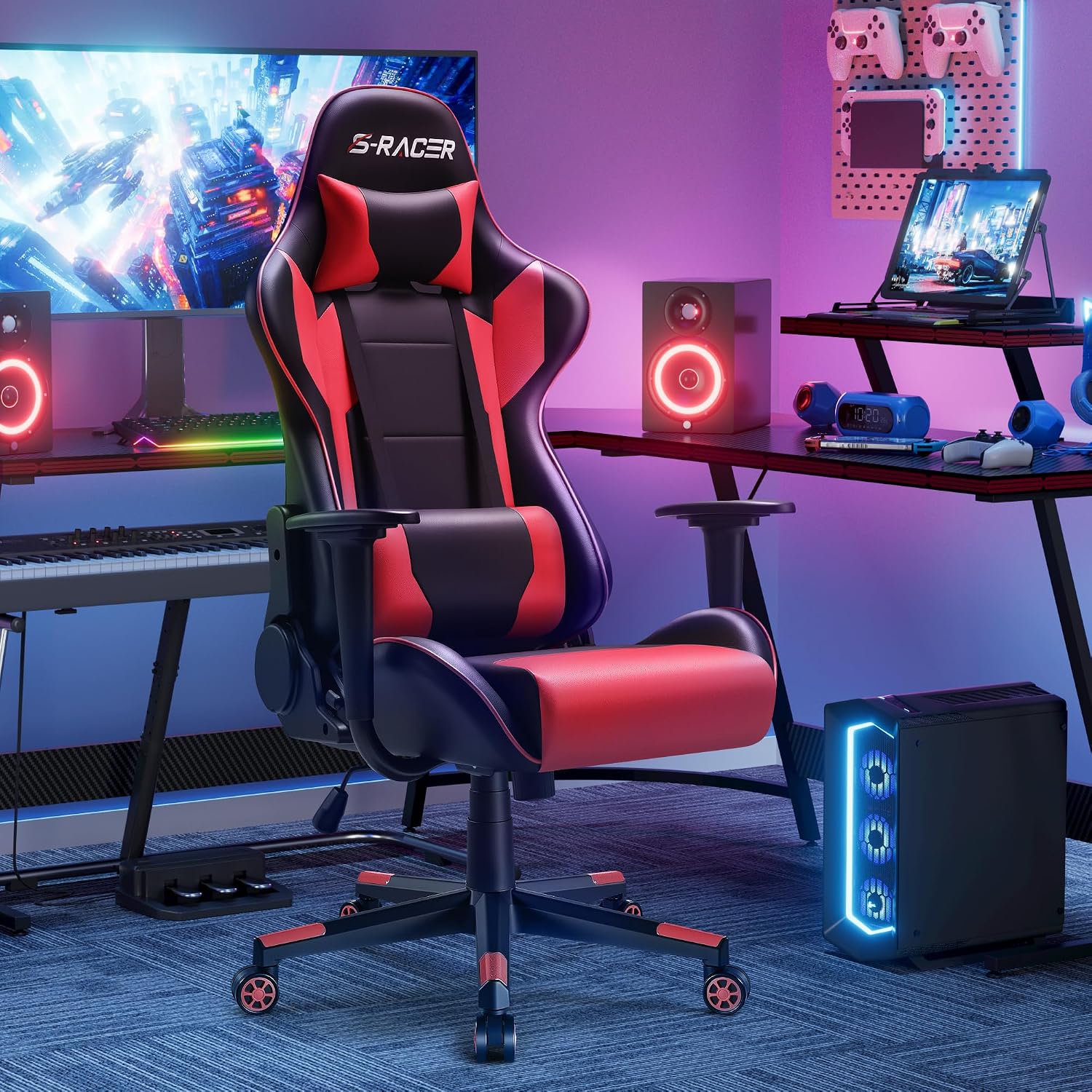 Furniwell Gaming Chair - High Back Computer Desk Chair with Headrest and Lumbar Support (Red)