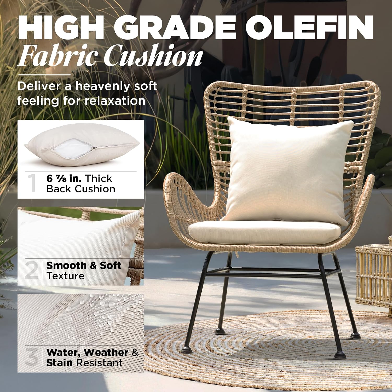IDZO Isabelle Upgraded 2000 Hours UV Wicker Chairs Outdoor Set of 2, 500 lbs Capacity Outdoor Patio Chair, All-Weather Club Chair with Water-Resistant Olefin Cushions, Boho Style, Beige