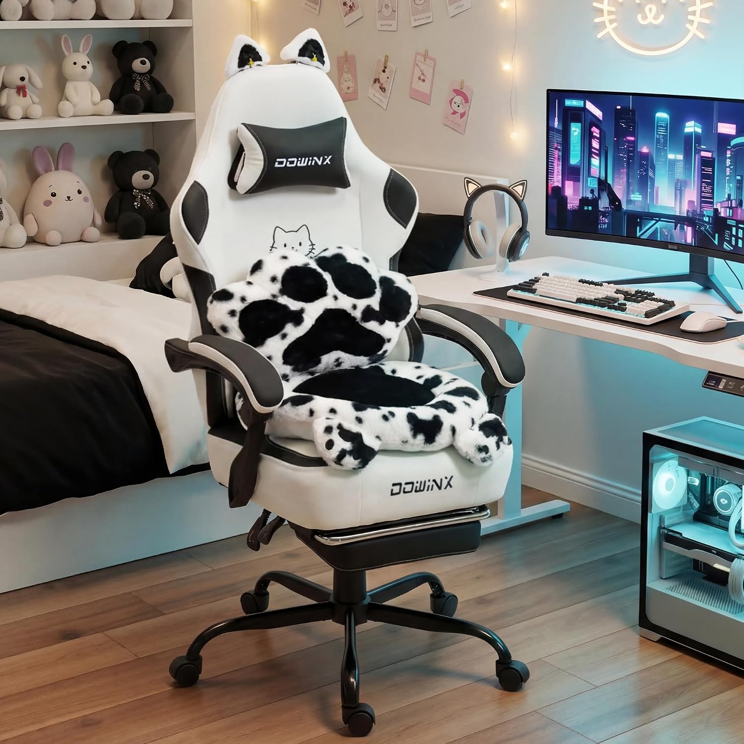 Dowinx Gaming Chair with Cat Ears and Paw Lumbar Pillow, Ergonomic Reclining Chair, Memory Foam and Spring Cushion, Footrest, 300lbs Capacity, Cute and Comfortable Design for Women & Girls