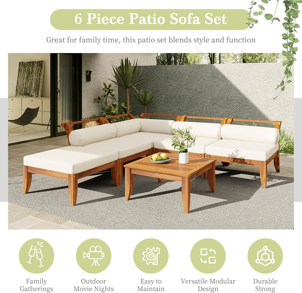 Merax 6 Pieces Patio Furniture Set, Outdoor L-Shaped Sectional Sofa Set with Coffee Table, Acacia Wood Conversation Seating & Cushions and Lumbar Pillows, for Garden, Poolside and Backyard, Teak+Beige