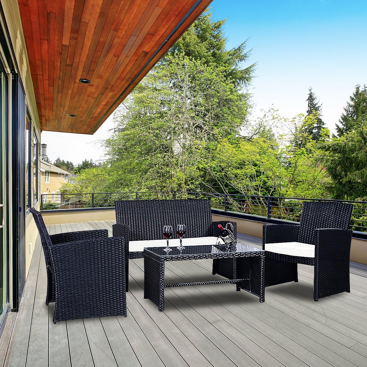 Goplus 4-Piece Rattan Patio Furniture Set, Outdoor Wicker Conversation Sofa with Weather Resistant Cushions and Tempered Glass Tabletop for Lawn Backyard Pool Garden (White(Black Wicker))