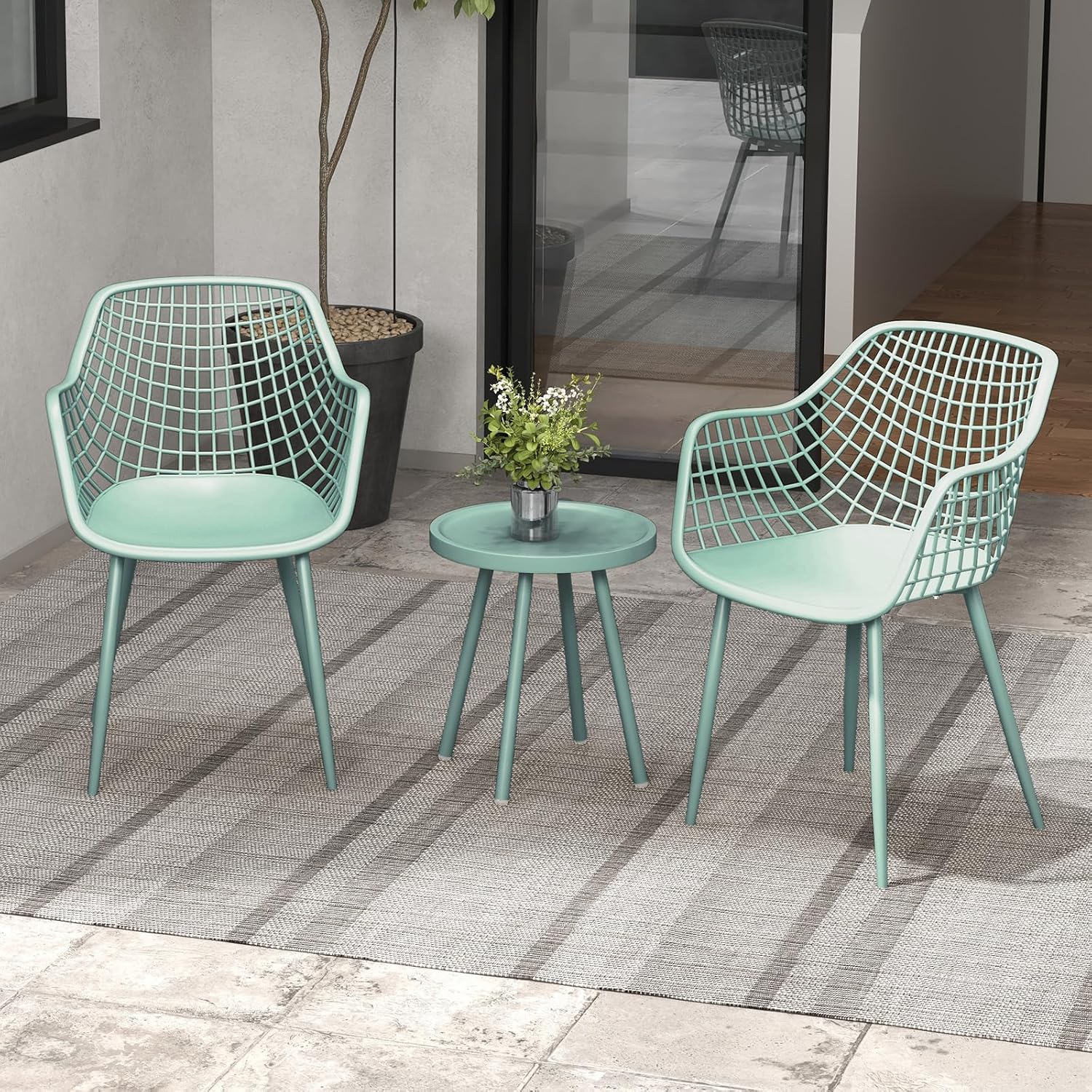 Giantex 3 Piece Patio Furniture Set, Outdoor Bistro Table and Chairs Set of 2, PP Seat & Metal Legs, Small Conversation Set for Balcony Front Porch Deck Backyard Lawn (Mint Green)