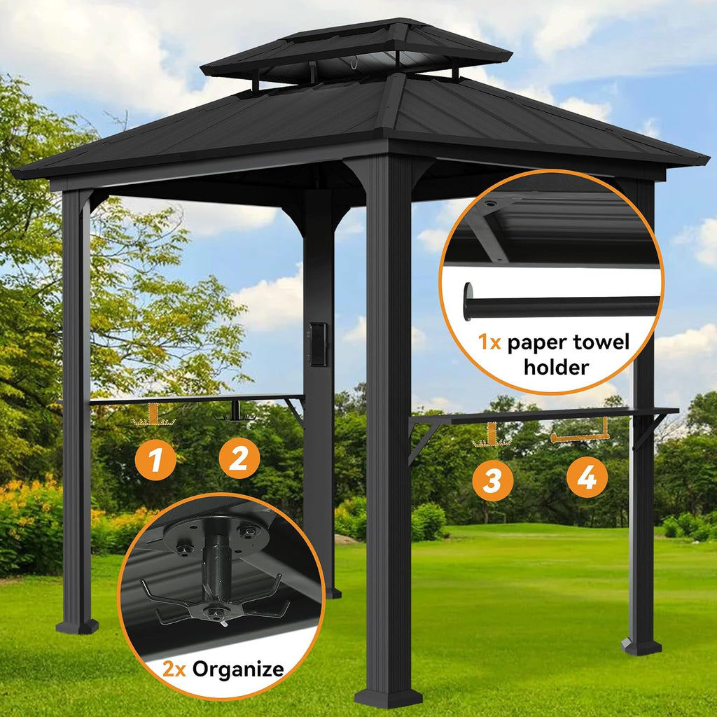 Modern Shade 6' X 8' Grill Gazebo, Aluminum Hardtop BBQ Gazebos with Shelves and Ceiling Hook, Outdoor Grill Gazebo with Galvanized Steel Roof, Extra-Wide Column Design, Grill Canopy for Patio, Black