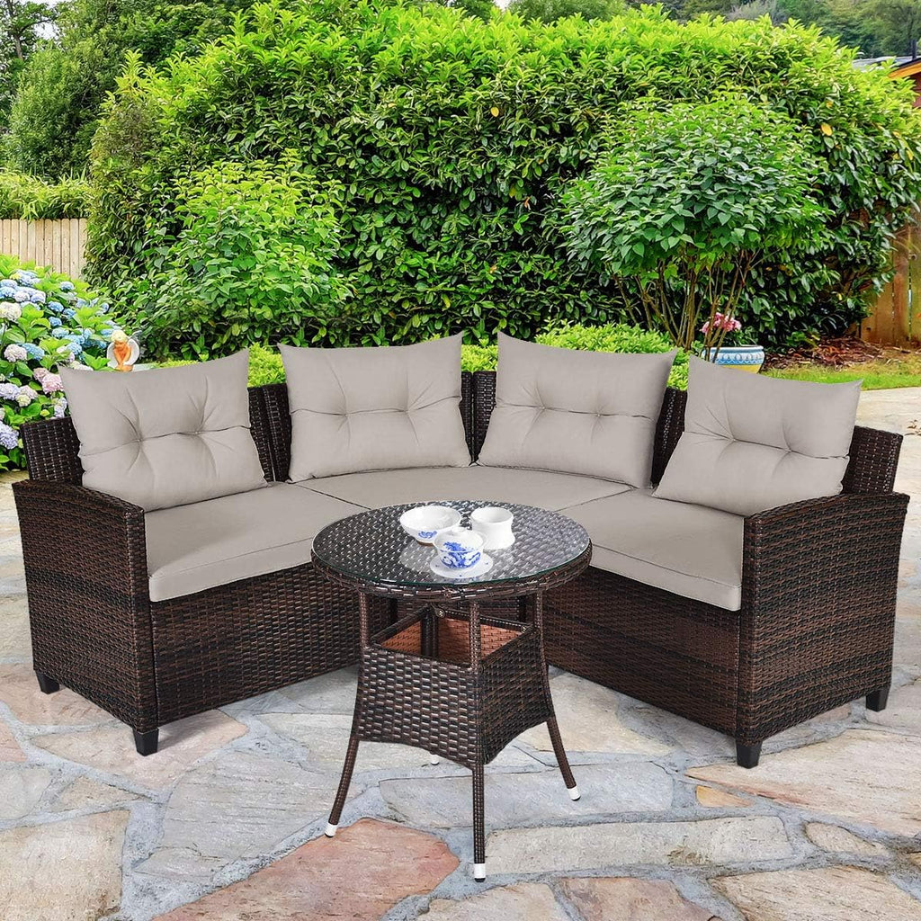 Tangkula 4-Piece C Shape Patio Furniture Set, Outdoor Corner Wicker Rattan Sectional Cushioned Sofa Set, with Glass Coffee Table, for Garden Poolside Balcony (Beige)
