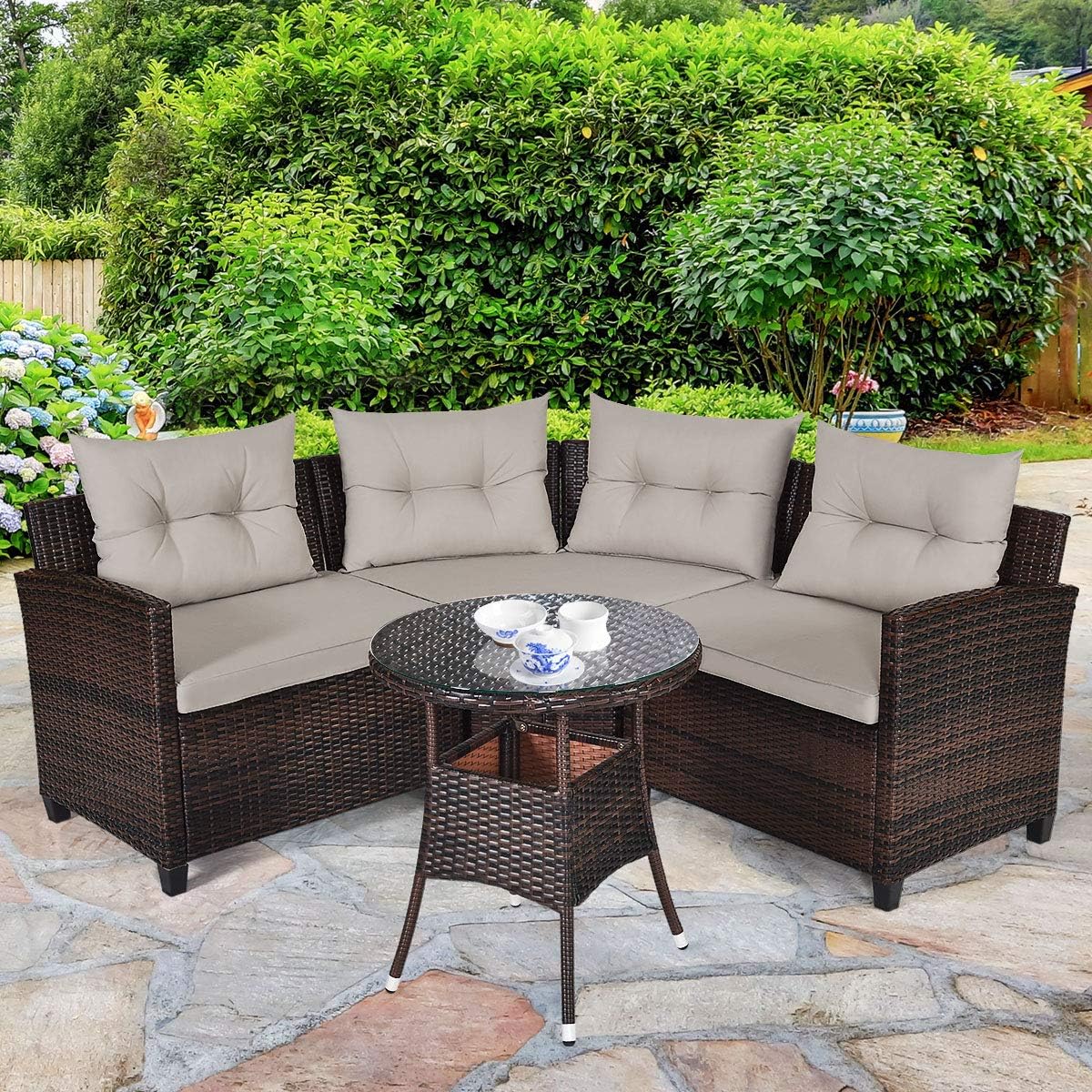 Tangkula 4-Piece C Shape Patio Furniture Set, Outdoor Corner Wicker Rattan Sectional Cushioned Sofa Set, with Glass Coffee Table, for Garden Poolside Balcony (Beige)