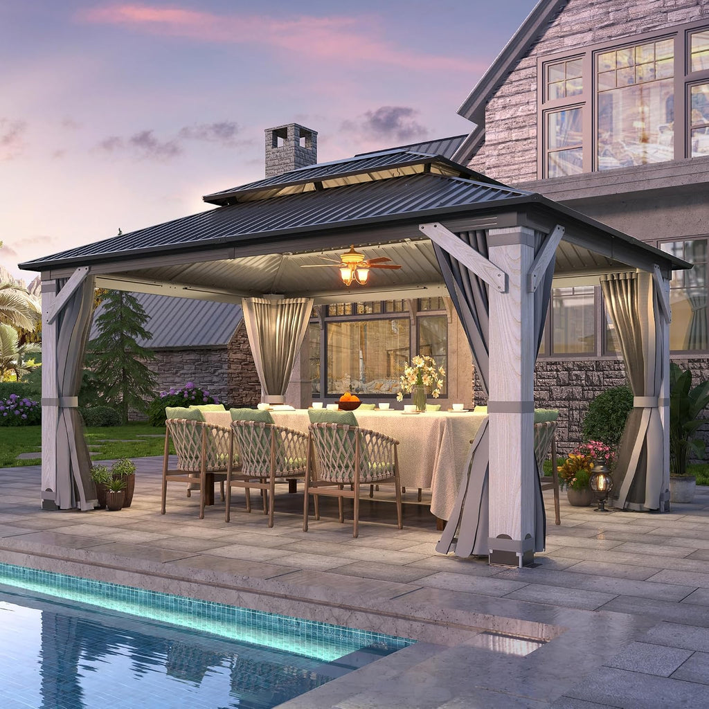 COVERONICS 12'x16' Outdoor Wood Gazebo - Hardtop Wooden Gazebo with Galvanized Steel Roof, Heavy-Duty Pavilion with Netting & Curtains for Garden, Poolside, Deck, Backyard