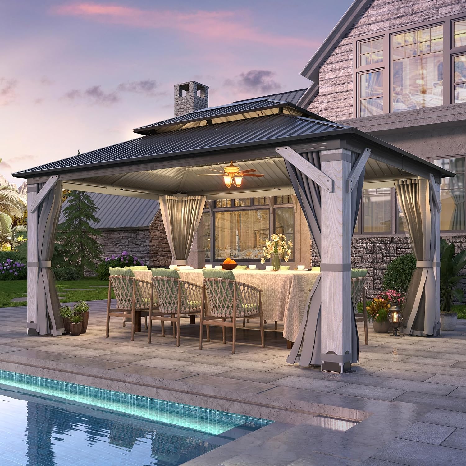 COVERONICS 12'x16' Outdoor Wood Gazebo - Hardtop Wooden Gazebo with Galvanized Steel Roof, Heavy-Duty Pavilion with Netting & Curtains for Garden, Poolside, Deck, Backyard