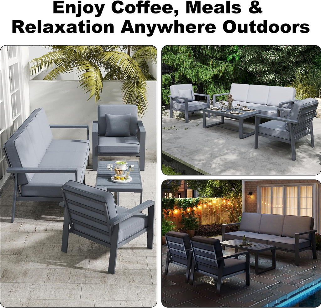 Premium Aluminum Patio Furniture Set 4 Piece,Outdoor Conversation Set with Wide Armrest,5' Thick Cushions, Olefin Fabric,Rustproof Metal Frame,Deep Seating Patio Sofa Set for Backyard,Deck,villa,Gray