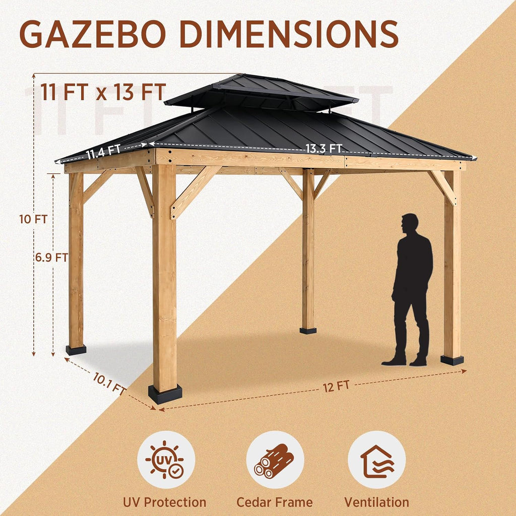 COOS BAY 11x13 Hardtop Gazebo with Cedar Wood Frame, Galvanized Steel Double Roof with UV Protection for Garden, Patio, Poolside, Backyard, Natural Wood/Black