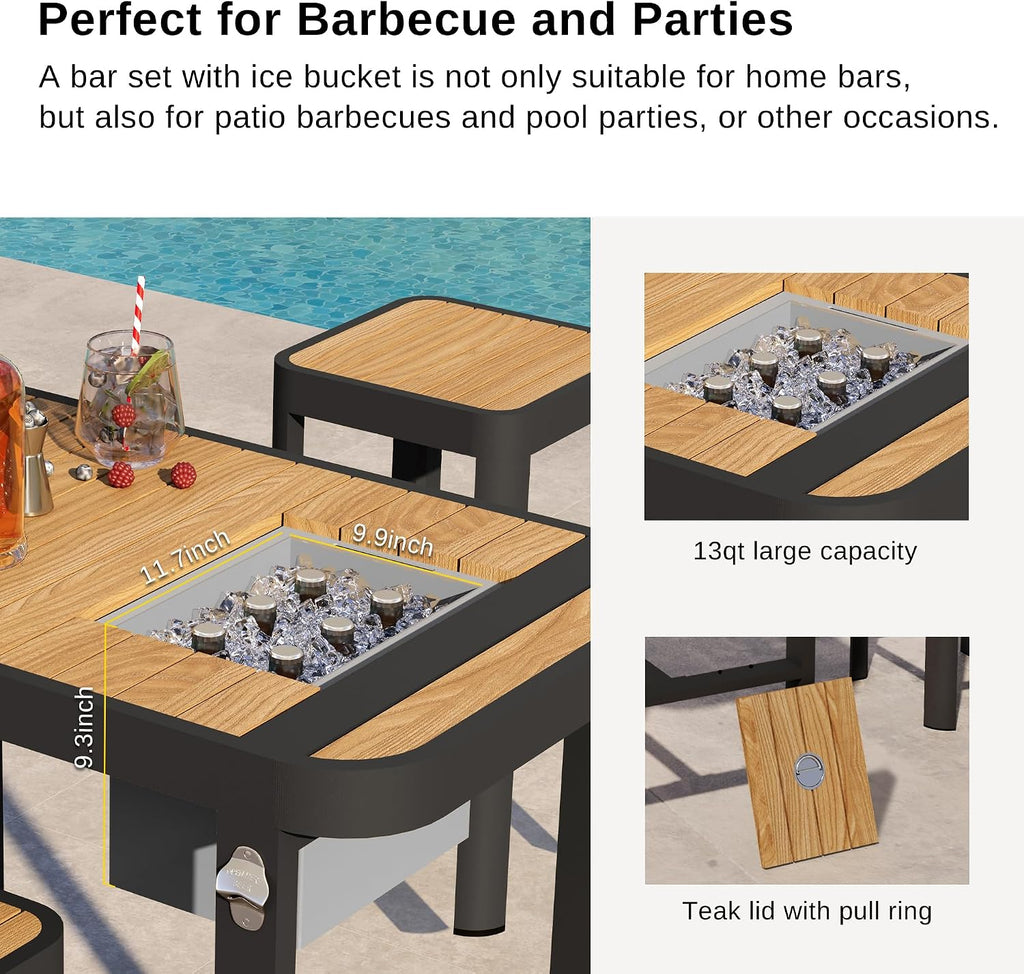 EAST OAK Signature 3-Piece Outdoor Bar Set, Patio Table with Teak Wood and Aluminum, Outdoor Patio Furniture for 2, Outdoor High Top Table and Chairs Set for Backyard, Garden and Pool, Dark Grey