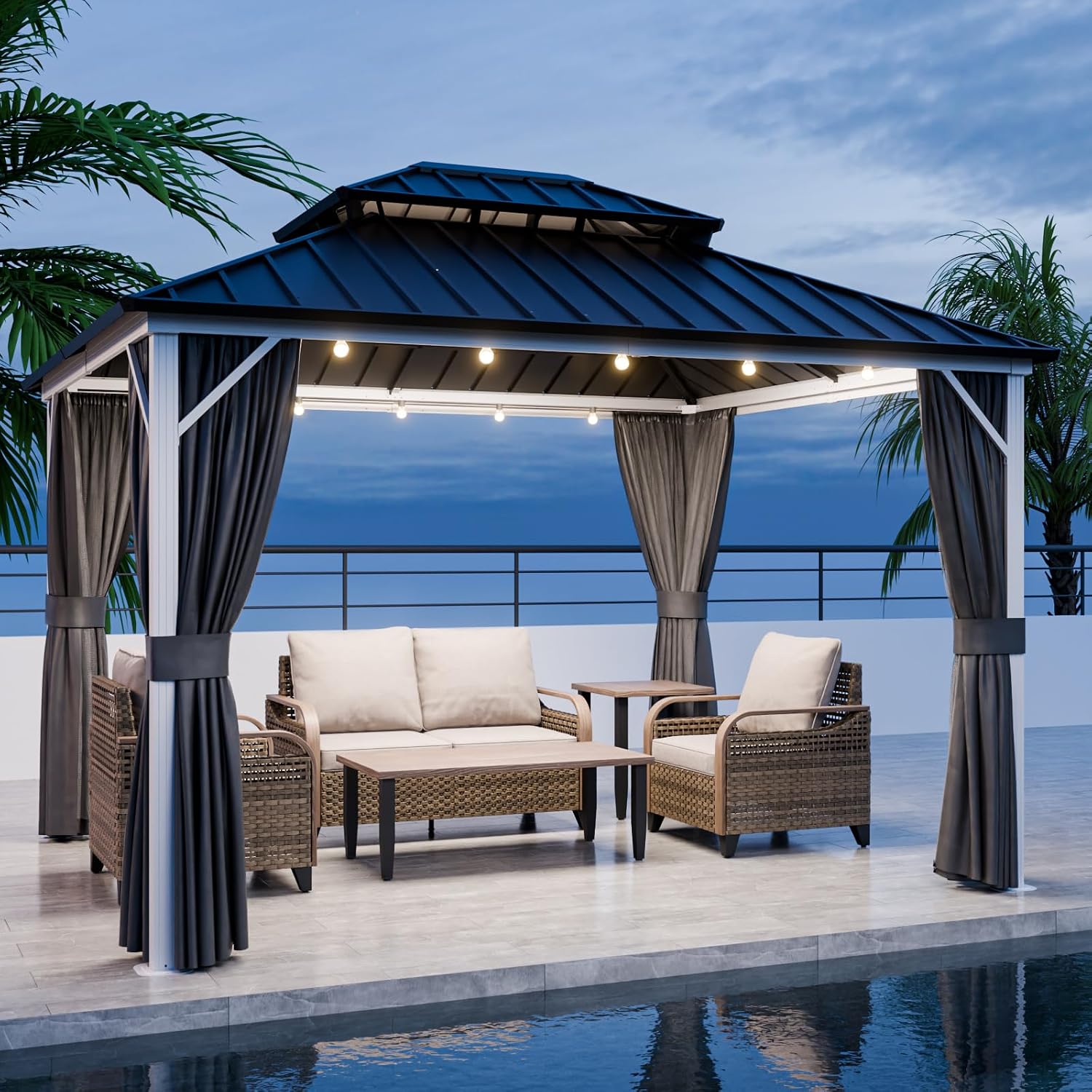EAGLE PEAK 12x10 Hardtop Gazebo, Galvanized Steel Double Roof with Aluminum Frame, Outdoor Pavilion with Netting and Curtains for Patio, Deck, Lawn and Garden, White/Gray