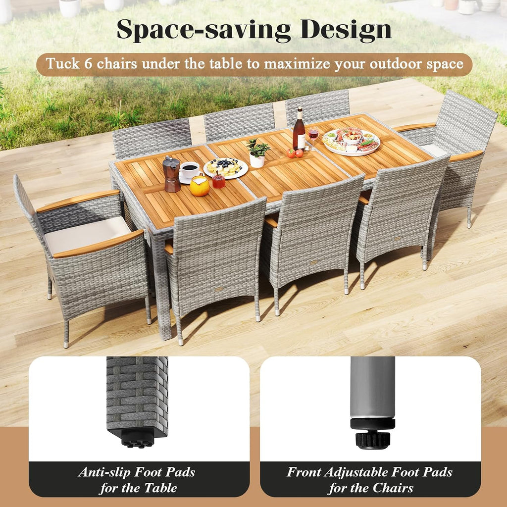 COSTWAY 9-Piece Patio Dining Set for 8, Outdoor Rattan Wicker Table and Chairs Furniture Set with Umbrella Hole, Acacia Wood Tabletop for Backyard, Balcony, Poolside, Grey & White